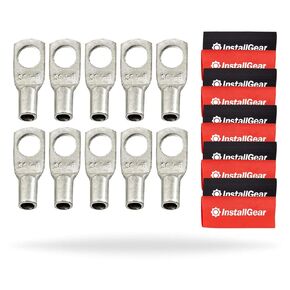 InstallGear 4 Gauge AWG Tinned Pure Copper Lugs Ring Terminals Connectors with Heat Shrink - 10-Pack | Electrical Connectors, Heat Shrink Wire Connectors for 4 Gauge Wire Terminals