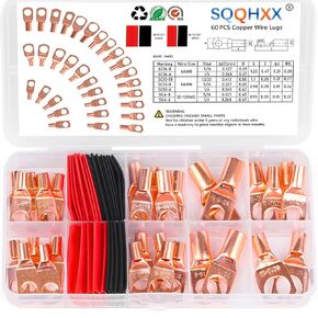 150Pcs Terminal Connectors,Copper Wire Lugs,Used on AWG12-10 8 6 4 2 Cable,Heat Shrink Set,Bare Copper Eyelets,Ring Terminals Connectors,64Pcs Battery Lugs Ends and 86Pcs Shrink Tubing