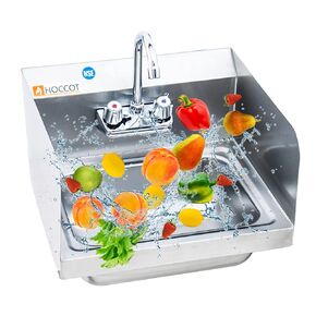 304 Stainless Steel Sink, Wall Mounted Commercial Restaurant Sink, Hand Washing Sink with Side Splashes, Utility Sink for Restaurant, Kitchen, Bar, Outdoor, Garage, 17"x 15"