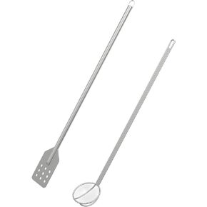 BBQ PLUS 42 Inch Crawfish/Crab Boil Mixing Stir Paddle and Wire Mesh Skimmer Spoon Fryer with Long Handle for Stockpots and Fry Pots,Large Stirring Paddle Skimmer Ladle Accessories