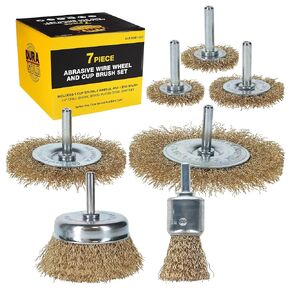 Dura-Gold 7-Piece Abrasive Brass-Coated Wire Wheel, Cup Brush, and End Brush Set, 1/4" Drill Shank, Carbon Steel Bristles - Surface Prep Grinding, Stripping Metal, Clean Remove Rust, Corrosion, Paint