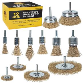 Dura-Gold 12-Piece Abrasive Brass-Coated Wire Wheel, Cup Brush, and End Brush Set, 1/4" Drill Shank, Carbon Steel Bristles - Surface Prep Grinding, Stripping Metal, Clean Remove Rust, Corrosion, Paint