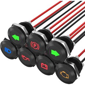 12V LED Indicator Light Small Indicator Light Waterproof 1/2" Panel Cutout 12 Volt 24 Volt Metal LED Indicator Pilot Dash Light with 300MM Wires -7PCS