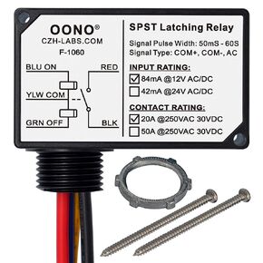 AC/DC 12V SPST 20Amp 250Vac/30Vdc Latching Relay Module, Plastic Enclosure Wired, OONO F-1060