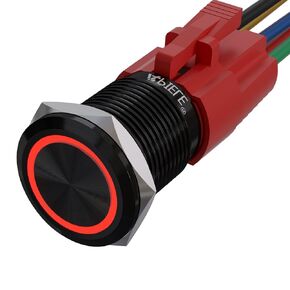 APIELE 16mm Momentary Black Push Button Switch On Off with 12V LED Angel Ring Head for 16mm 0.63" Mounting Hole with Wire Socket Plug Self-Reset(Red/Black Shell)