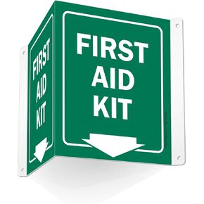 SmartSign First Aid Kit Projecting Sign with Down Arrow - 5" x 6", V-Shaped Acrylic Sign for Hallway, Corridor, Green and White, Made in USA
