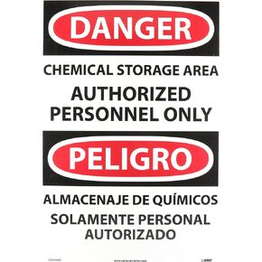 NMC ESD240RB Bilingual OSHA Sign, Legend "DANGER - CHEMICAL STORAGE AREA AUTHORIZED PERSONNEL ONLY", 10" Length x 14" Height, Rigid Plastic, Black/Red on White in Kuwait