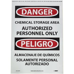 NMC ESD240RB Bilingual OSHA Sign, Legend "DANGER - CHEMICAL STORAGE AREA AUTHORIZED PERSONNEL ONLY", 10" Length x 14" Height, Rigid Plastic, Black/Red on White
