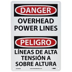 NMC ESD468RB Bilingual OSHA Sign, Legend "DANGER - OVERHEAD POWER LINES", 10" Length x 14" Height, Rigid Plastic, Black/Red on White