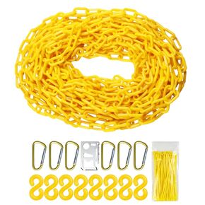 Yellow Plastic Chain - 65 32 50 Feet Plastic Safety Barrier Chain for Crowd Control, Parking Barrier and Delineator Post with Base - Safety Security Chain with Accessories