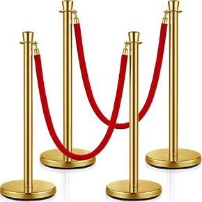 Stainless Steel Stanchion Post Queue, 5ft Red Velvet Rope Red Carpet Ropes and Poles Stanchions and Velvet Ropes Gold Stanchions with Red Rope Crowd Control Barriers for Party Supplies (8)