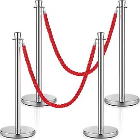 6 Pcs Silver Stainless Steel Stanchion Post with 5 ft Red Braided Rope Crowd Control Stanchions Red Carpet Ropes and Poles Crowd Control Barriers for Party Concert Theater Hotels