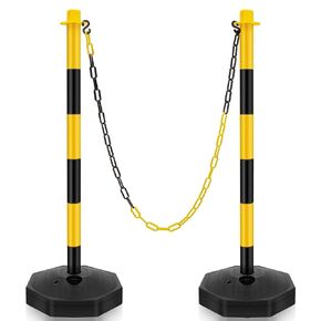 Traffic Delineator Post Cone, Plastic Stanchion Post Set Crowd Control Stands Barrier with 6.6 ft Link Chain and S Hooks for Parking Lot Construction Caution Roads, Yellow, Black (12 Sets)