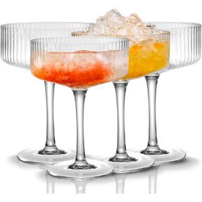 4 Pcs Ribbed Coupe Glasses, 10 oz Vintage Cocktail Coupe Glasses Set, Unique Martini Glass, Classic Cocktail Galssware, Bar Drinking Glasses Set Pefect for Cocktail, Wine, Champagne & Gift