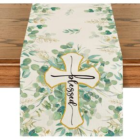Artoid Mode Blessed Cross Eucalyptus Table Runner, Spring Summer Seasonal Kitchen Dining Table Decoration for Home Party Decor 13 x 36 Inch