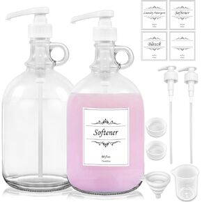 2 Pack Laundry Detergent Dispenser with Pump and Lid, 64 Oz Glass Bottles for Laundry Room Organization and Storage, Fabric Softener Dispenser for Washer