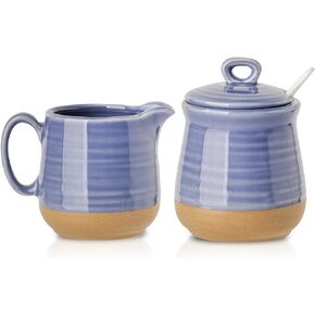 Hasense Porcelain Sugar and Creamer Set,11 Ounce Sugar Bowl with Lid and Spoon,10 Ounce Cream Pitcher,Farmhouse Coffee Sets for Serving,Dishwasher Safe(Blue)
