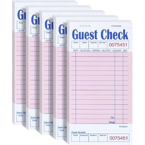Server Guest Checkbook, 5 Pack EP-3632-1 Server Note Book, Thick Server Paper with Guest Receipts, Waitress Notepads - 250 Orders Total (Pink, 6.75" x 3.5")
