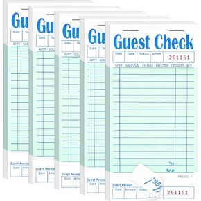 5 Pack Guest Check Books, Server Note Pads for Restaurant, Green Waiter Checkbook, Waitress Notepad, Food Receipt Book, Restaurant Order Pad 50 Sheets/Pack, 250 Total Tickets