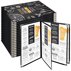 8.5 x 11 Inch Menu Covers 4 Page 8 View Transparent Restaurant Menu Covers Book Fits A4 Size Paper, Clear Menu Holder Bar Cafe Menu Folder with Leatherette Trim and Decorative Corners, Black (20)