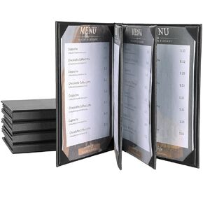 Menu Holder Menu Covers 8.5" x 11" | Pack Black Leather Menu Sleeves Book Style for Restaurant Coffee Bars Wine List (8 View, 5 Pack)