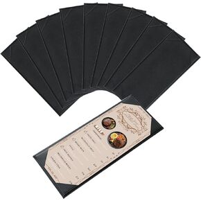 Restaurant Menu Covers Holders 4.25" x 11" | Pack of 10 Synthetic Leather Triple Fold Panels 4 View Angled Corners Black for Wine List, Drinks (10, Triple Fold Panels 4 View (4.25 x 11 inch))