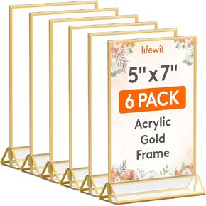 Lifewit 12 Pack 5x7 Acrylic Sign Holder with Gold Borders, Clear Vertical Double-sided Stand, Plastic Menu Holders, Table Number Holders Picture Frames for Wedding, Party, Restaurant decor