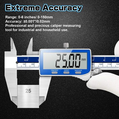 Caliper Measuring Tool, Qfun Vernier Digital Caliper Stainless Steel 6 Inch/150mm, Digital Micrometer Waterproof, Easy Switch from Inch to Millimeter, Large LCD Screen in Kuwait