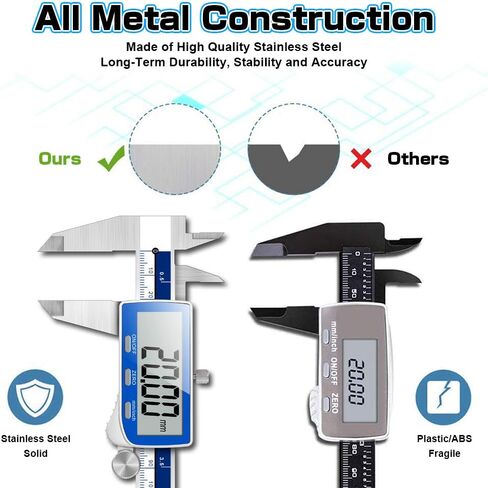 Caliper Measuring Tool, Qfun Vernier Digital Caliper Stainless Steel 6 Inch/150mm, Digital Micrometer Waterproof, Easy Switch from Inch to Millimeter, Large LCD Screen in Kuwait