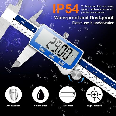 Caliper Measuring Tool, Qfun Vernier Digital Caliper Stainless Steel 6 Inch/150mm, Digital Micrometer Waterproof, Easy Switch from Inch to Millimeter, Large LCD Screen in Kuwait