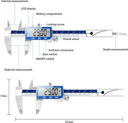 Caliper Measuring Tool, Qfun Vernier Digital Caliper Stainless Steel 6 Inch/150mm, Digital Micrometer Waterproof, Easy Switch from Inch to Millimeter, Large LCD Screen in Kuwait