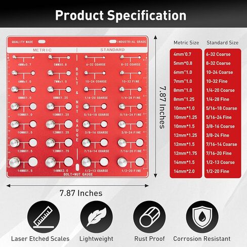 فاحص الخيوط، فاحص خيط الصواميل والمسامير الاحترافي مع 28 مقاسًا، 14 متريًا ممتازًا و14 مسمار تعريف قياسي، مقياس خيط دقيق بمقاييس السنتيمتر والبوصة على كلا الجانبين in Kuwait