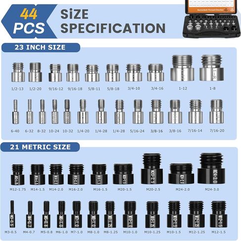 مدقق خيط الصواميل والمسمار - 44 قطعة من مقاييس الذكور/الإناث، مجمعة بشكل فردي 23 بوصة و21 مقياسًا متريًا لحجم الصواميل والمسمار، مناسبة للتحقق من الحجم في المناطق الصعبة والضيقة in Kuwait