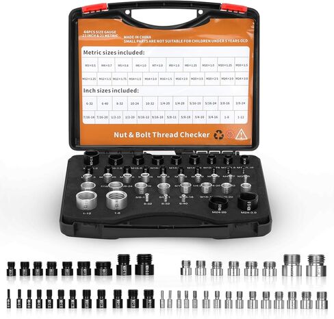مدقق خيط الصواميل والمسمار - 44 قطعة من مقاييس الذكور/الإناث، مجمعة بشكل فردي 23 بوصة و21 مقياسًا متريًا لحجم الصواميل والمسمار، مناسبة للتحقق من الحجم في المناطق الصعبة والضيقة in Kuwait
