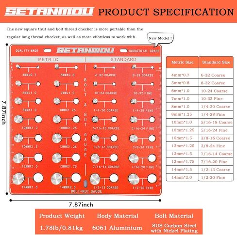 Thread Checker - 28 Bolt and Nut Identifiers, Bolt Sizes and Thread Gauges, Square Design Gift Box Packaging, 14 Metric and 14 Standard Thread Sizes and Thread Gauges in Kuwait