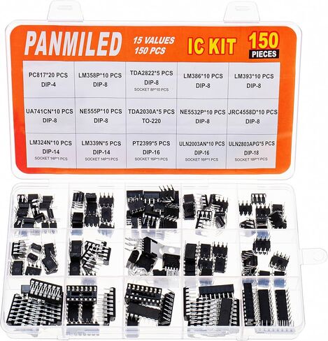 PANMILED 150 Pcs Opamp Timer Darlington Phototcoupler PC817 LM358P LM324N TDA2822 TDA2030A ULN2003AN ULN2803APG LM386 LM393 LM339N UA741CN NE555P NE5532P JRC4558D PT2399 IC Assortment Kit IC Sockets in Saudi Arabia