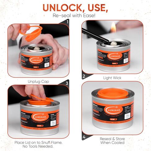 Luminar Resealable-Wick Chafing Fuel Cans, 24 Pack, 2 Hour - Premium Quality Burners for Food Warmers - No More Spills, Waste, or Hassle - Perfect for Convenient, and Long-Lasting Event Catering in Saudi Arabia