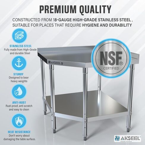 Corner Stainless Steel Work Table - Food Prep Tables for Commercial Kitchen - NSF Metal Heavy Duty Workbench with Backsplash - Cooking Chef Work Bench for Restaurant - 36"x36" Working Station in Kuwait