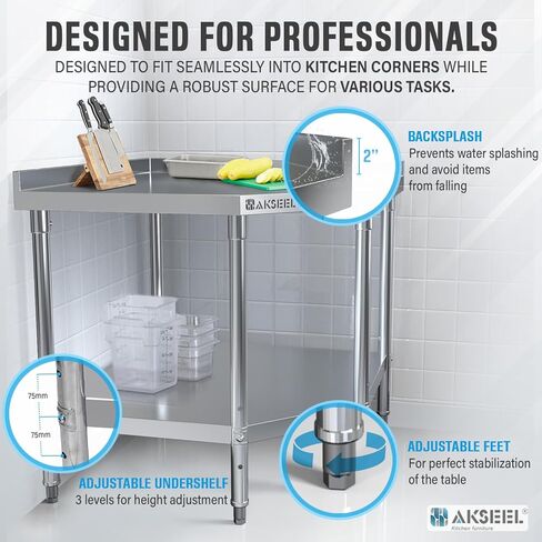 Corner Stainless Steel Work Table - Food Prep Tables for Commercial Kitchen - NSF Metal Heavy Duty Workbench with Backsplash - Cooking Chef Work Bench for Restaurant - 36"x36" Working Station in Kuwait