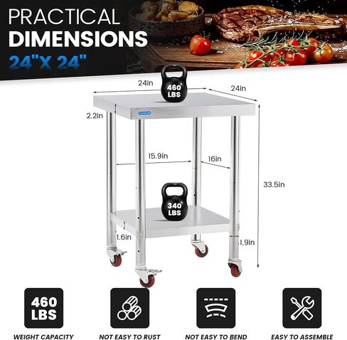 طاولة من الفولاذ المقاوم للصدأ للإعداد والعمل مع رف سفلي مقاس 24 × 24 بوصة طاولة إعداد المطبخ المعدنية التجارية NSF مع طاولة عمل قابلة للتعديل تحت الرف لمطعم المنزل في الهواء الطلق in Kuwait