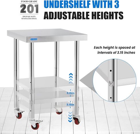 طاولة من الفولاذ المقاوم للصدأ للإعداد والعمل مع رف سفلي مقاس 24 × 24 بوصة طاولة إعداد المطبخ المعدنية التجارية NSF مع طاولة عمل قابلة للتعديل تحت الرف لمطعم المنزل في الهواء الطلق in Kuwait