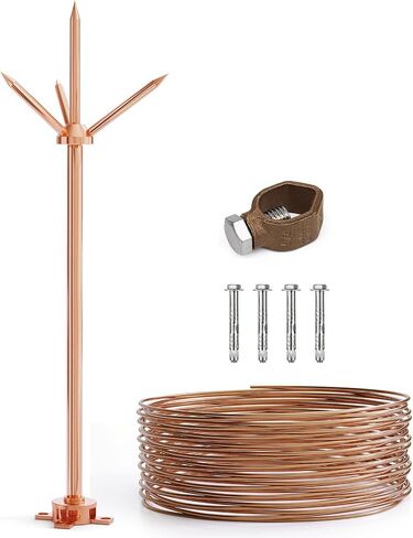 Lightning Rod,Copper Lightning Rod Protection System with 60 Feet 6AWG Down Conductor and Ground Rod Clamp UL Listed for House Roof Bungalow Tin House Farm (1.7FT, Lightning Rod with Down Conductor) in Saudi Arabia