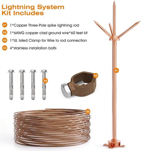 Lightning Rod,Copper Lightning Rod Protection System with 60 Feet 6AWG Down Conductor and Ground Rod Clamp UL Listed for House Roof Bungalow Tin House Farm (1.7FT, Lightning Rod with Down Conductor) in Saudi Arabia