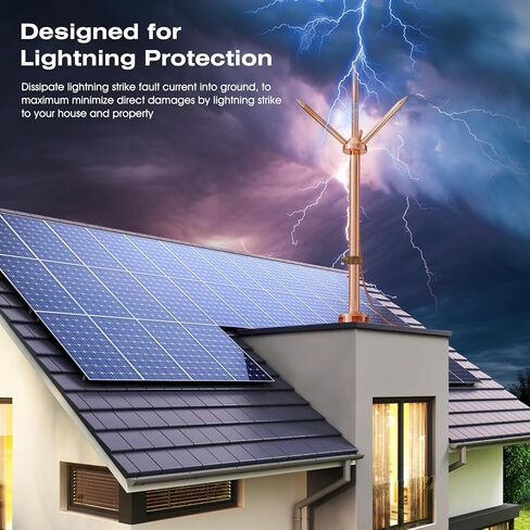 Lightning Rod,Copper Lightning Rod Protection System with 60 Feet 6AWG Down Conductor and Ground Rod Clamp UL Listed for House Roof Bungalow Tin House Farm (1.7FT, Lightning Rod with Down Conductor) in Saudi Arabia
