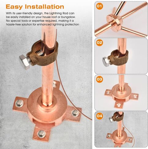 Lightning Rod,Copper Lightning Rod Protection System with 60 Feet 6AWG Down Conductor and Ground Rod Clamp UL Listed for House Roof Bungalow Tin House Farm (1.7FT, Lightning Rod with Down Conductor) in Saudi Arabia