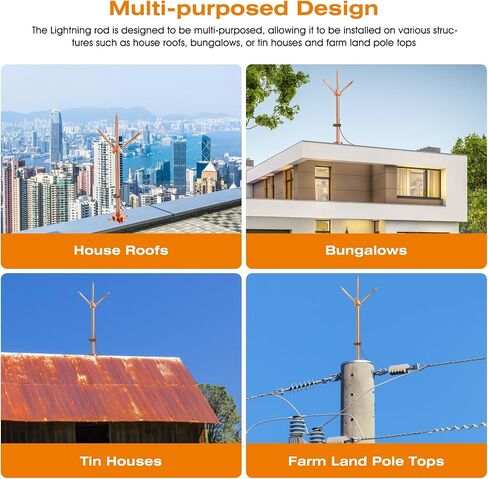 Lightning Rod,Copper Lightning Rod Protection System with 60 Feet 6AWG Down Conductor and Ground Rod Clamp UL Listed for House Roof Bungalow Tin House Farm (1.7FT, Lightning Rod with Down Conductor) in Saudi Arabia