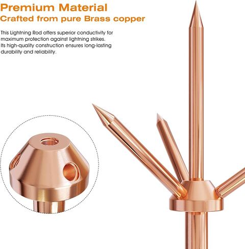 Lightning Rod,Copper Lightning Rod Protection System with 60 Feet 6AWG Down Conductor and Ground Rod Clamp UL Listed for House Roof Bungalow Tin House Farm (1.7FT, Lightning Rod with Down Conductor) in Saudi Arabia