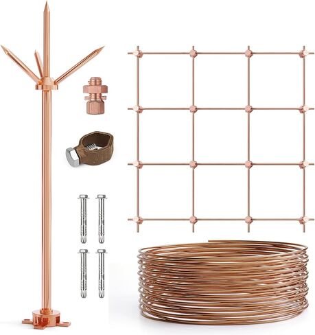 Lightning Rod,Copper Lightning Rod Protection System with 60 Feet 6AWG Down Conductor and Ground Rod Clamp UL Listed for House Roof Bungalow Tin House Farm (1.7FT, Lightning Rod with Down Conductor) in Saudi Arabia
