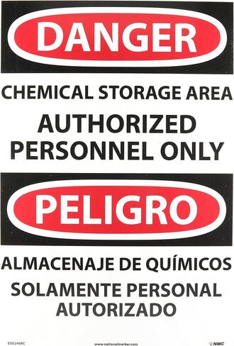 NMC ESD240RB Bilingual OSHA Sign, Legend "DANGER - CHEMICAL STORAGE AREA AUTHORIZED PERSONNEL ONLY", 10" Length x 14" Height, Rigid Plastic, Black/Red on White in Kuwait