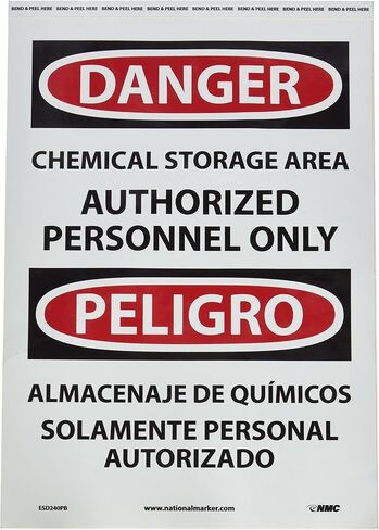 NMC ESD240RB لافتة OSHA ثنائية اللغة، Legend "DANGER - منطقة تخزين كيميائية للأشخاص المعتمدين فقط"، طول 10 بوصة × ارتفاع 14 بوصة، بلاستيك صلب، أسود/أحمر على أبيض in Kuwait
